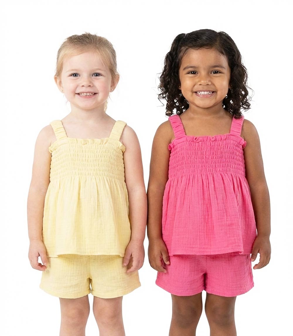 Conjunto corto de gasa doble con tirantes fruncidos para niña rosa - 2175201