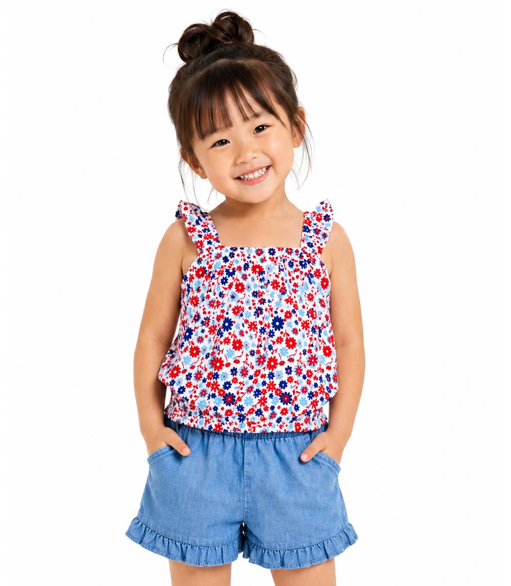 Conjunto de top tejido con volante grande en manga y short vaquero para niña en color rosa - 2130602