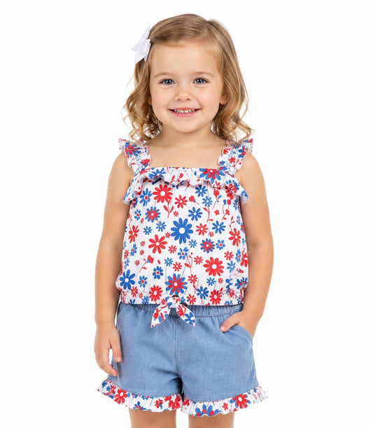 GIRLS PINK Top Ruffle on Straps and Bow with Denim Short Set - 2179602