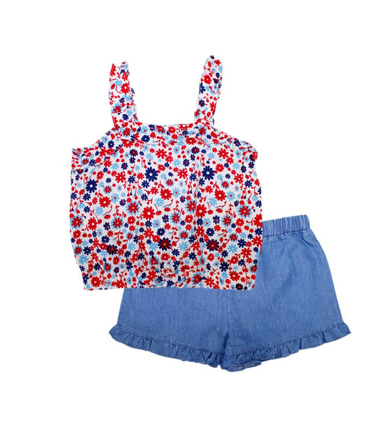 GIRLS PINK Top Ruffle on Straps and Bow with Denim Short Set - 2179602