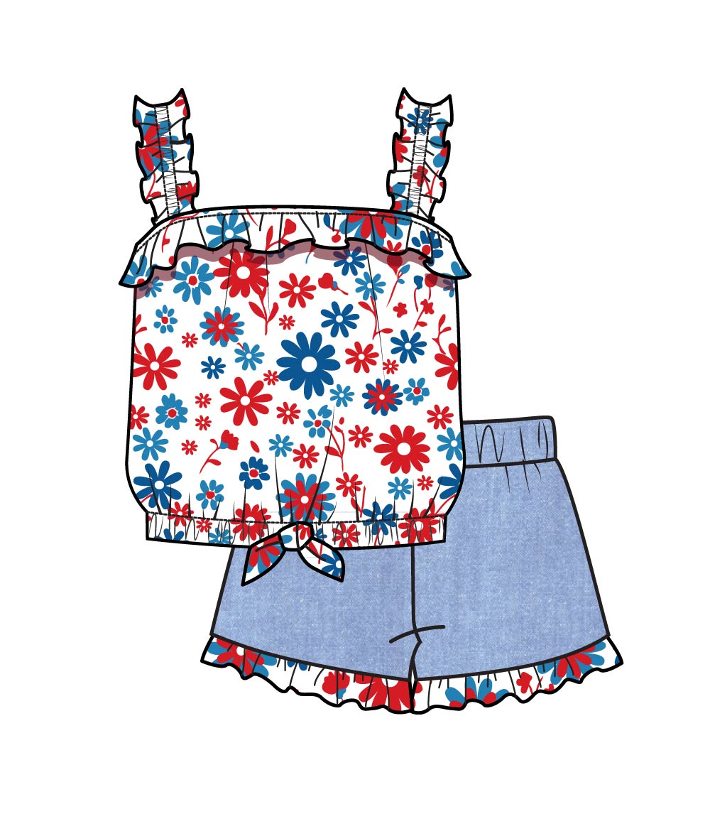 GIRLS PINK Top Ruffle on Straps and Bow with Denim Short Set - 2179604