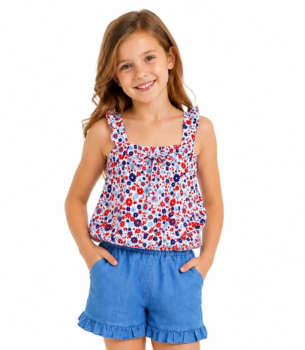 GIRLS PINK Top Ruffle on Straps and Bow with Denim Short Set - 2179604