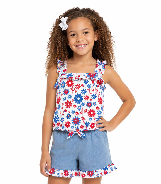 GIRLS PINK Top Ruffle on Straps and Bow with Denim Short Set - 2179604