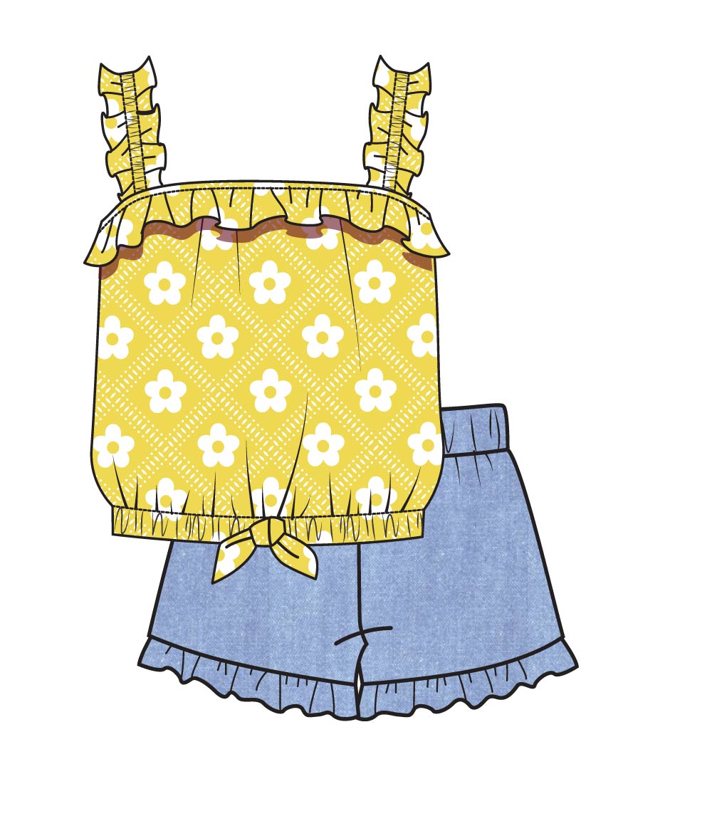 GIRLS PINK Top Ruffle on Straps Neck and Bow with Denim Short Set - 2180202R