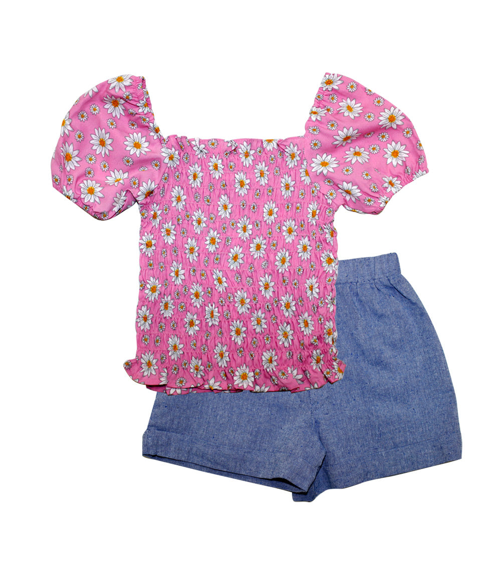 GIRLS PINK Smocked Top with Chambray Short Set - 2196504