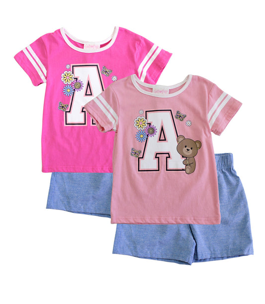 Girls Pink A Screen with Bear and Chambray Short - 2198304