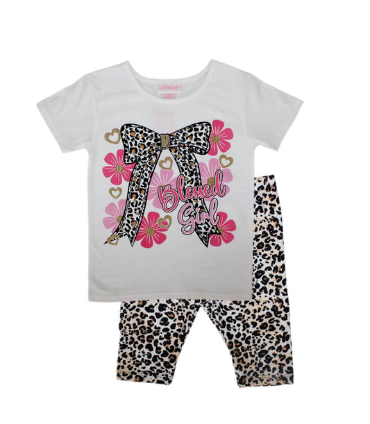 GIRLS PINK Bow Blessed Girl Screen Top and Animal Print Biker Legging Set - 2203302