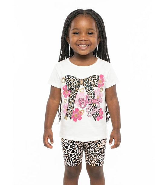 GIRLS PINK Bow Blessed Girl Screen Top and Animal Print Biker Legging Set - 2203302