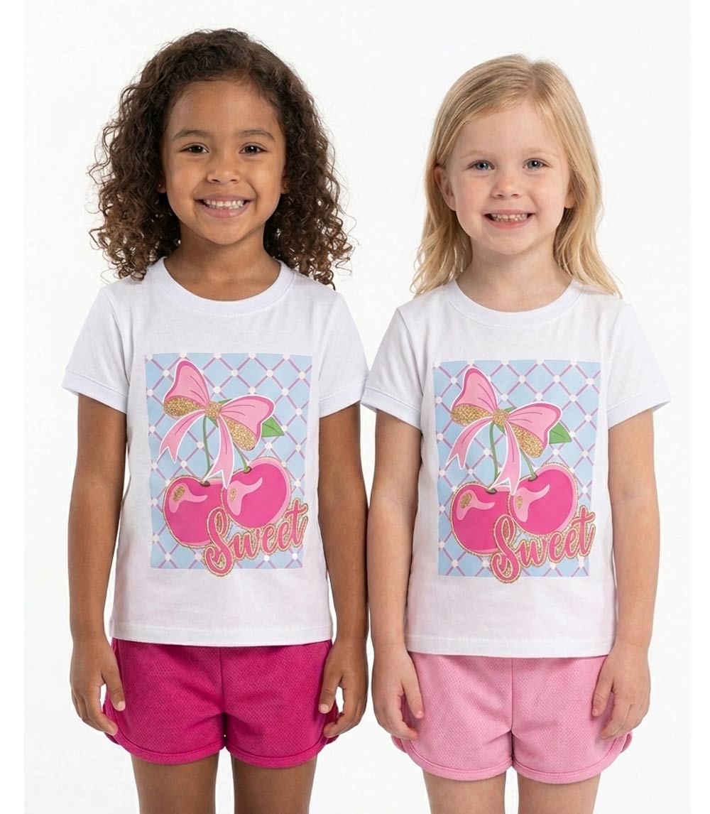 Top abullonado rosa aguamarina con lazo y falda pantalón vaquera para niña - 2466702