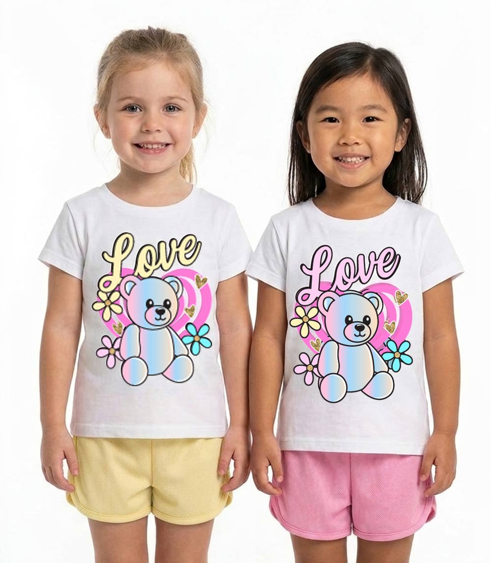GIRLS PINK Multi Color Teddy Bear Love Screen Top w Mesh Short Sets - 2225302