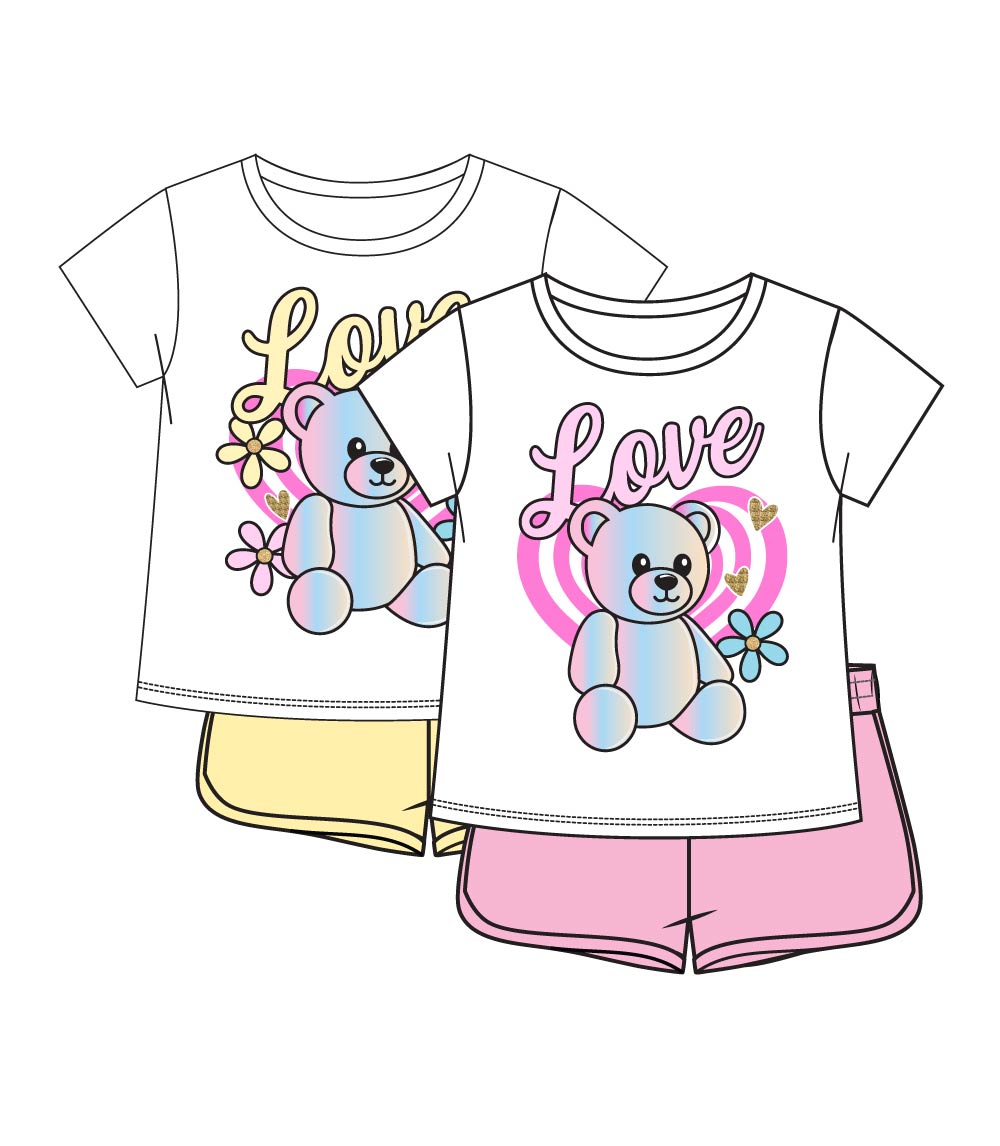 GIRLS PINK Multi Color Teddy Bear Love Screen Top w Mesh Short Sets - 2225302