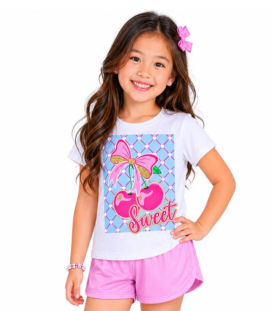 GIRLS PINK Glossy Cherries Sweet Screen Top w Pink Mesh Short Sets - 2259304