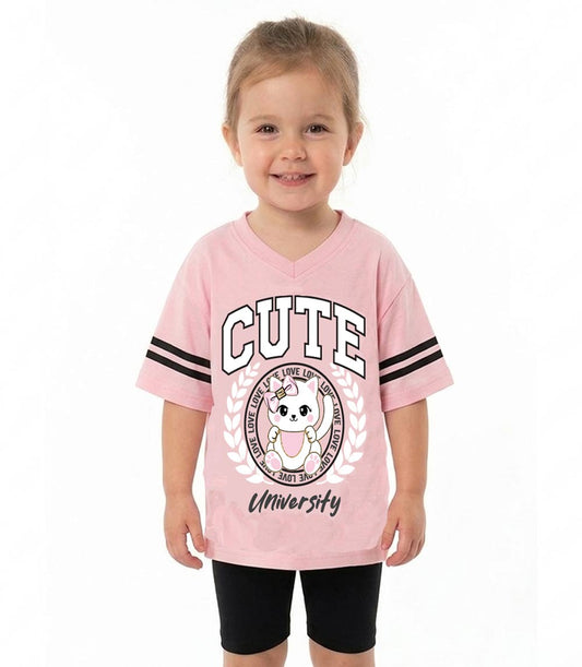 GIRLS PINK Oversized T-Shirt Cute Kitty Cat Screen Top and Biker Legging - 2269402
