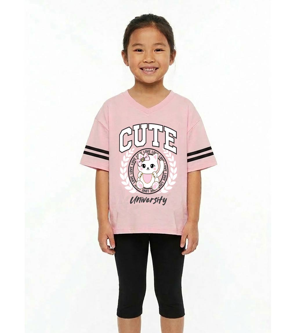 GIRLS PINK Oversized T-Shirt Cute Kitty Cat Screen Top and Biker Legging - 2269404