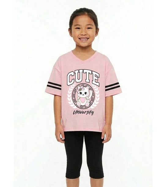 GIRLS PINK Oversized T-Shirt Cute Kitty Cat Screen Top and Biker Legging - 2269404