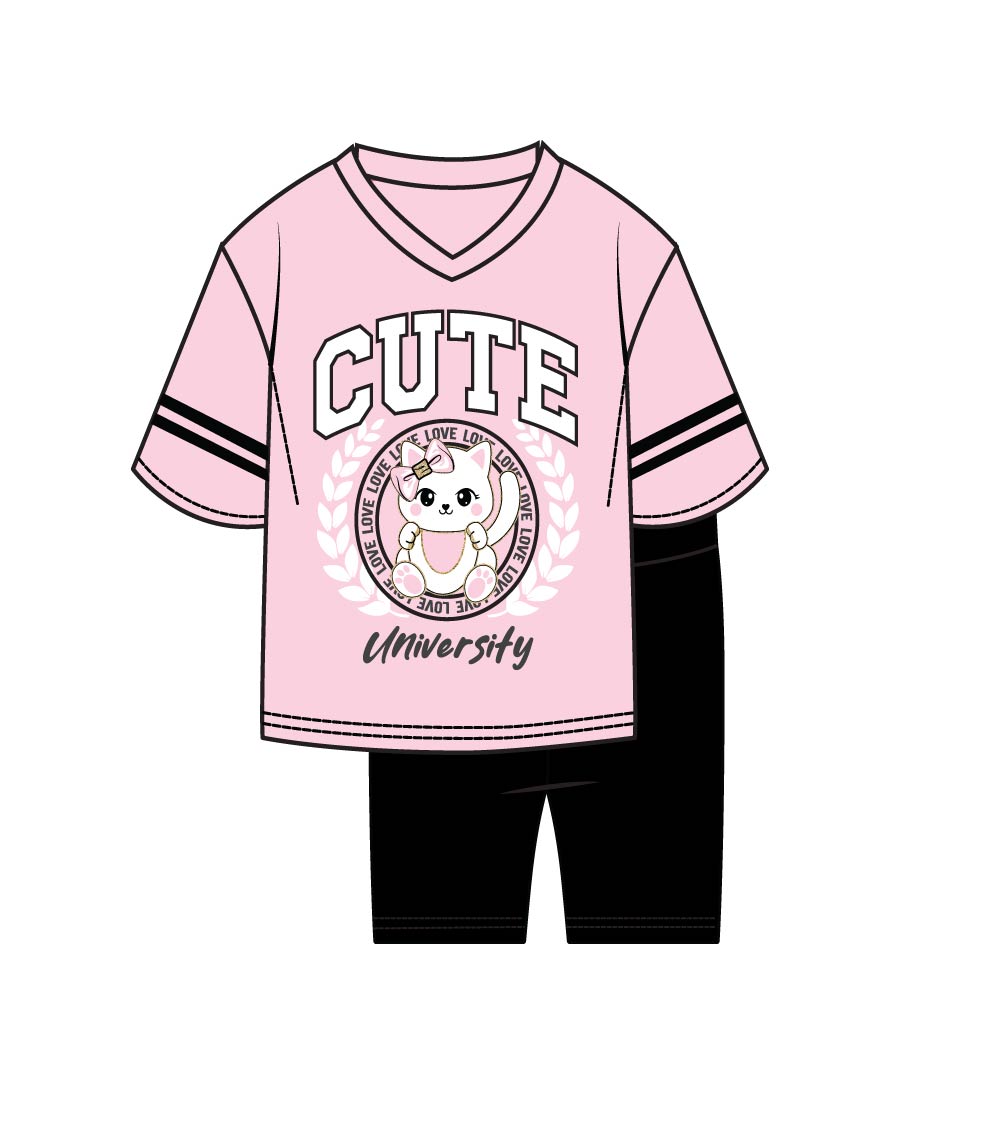 GIRLS PINK Oversized T-Shirt Cute Kitty Cat Screen Top and Biker Legging - 2269402