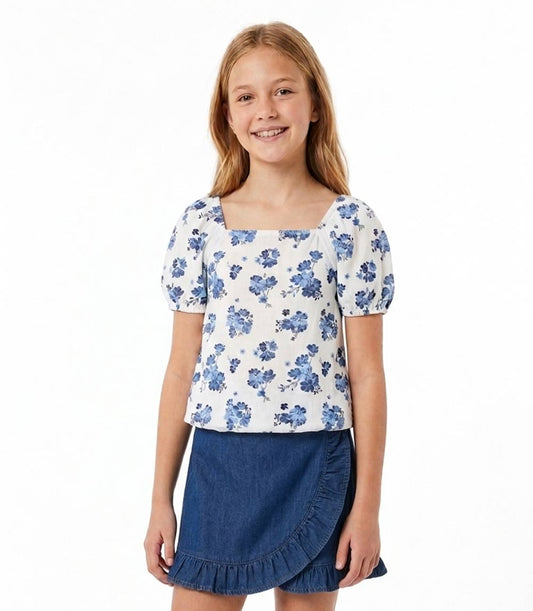 GIRLS PINK Woven Floral Print Top w Square Neck and Bubble Denim Skort - 2404667
