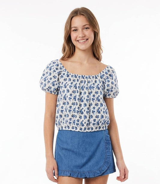 GIRLS PINK Woven Floral Print Top w Square Neck and Bubble Denim Skort - 2404667