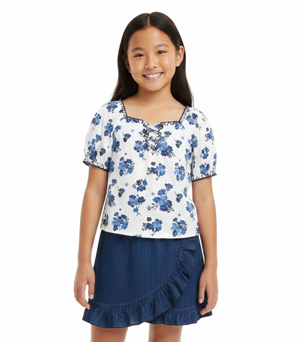 Top abullonado rosa aguamarina con lazo y falda pantalón vaquera para niña - 2466702