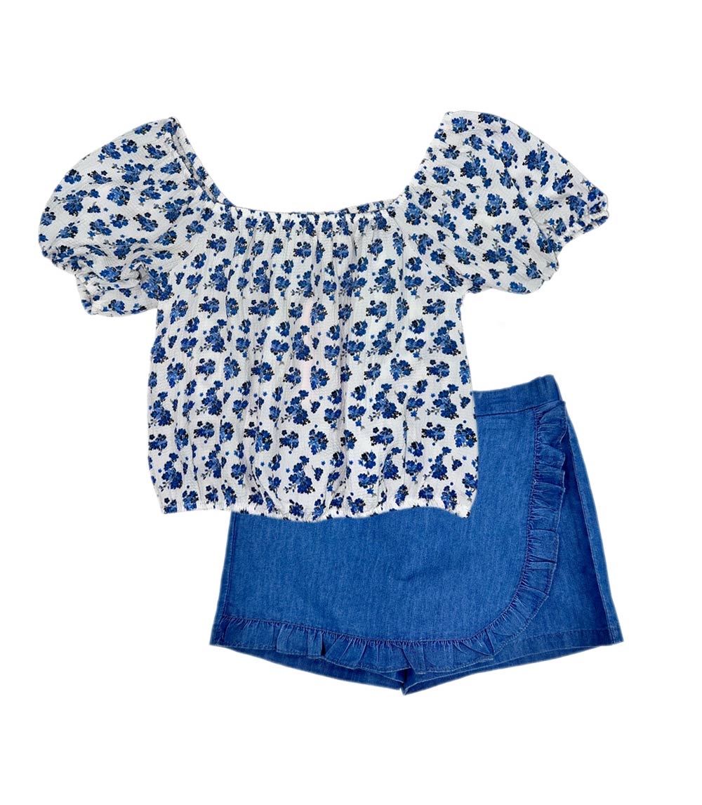 GIRLS PINK Woven Floral Print Top w Square Neck and Bubble Denim Skort - 2404667