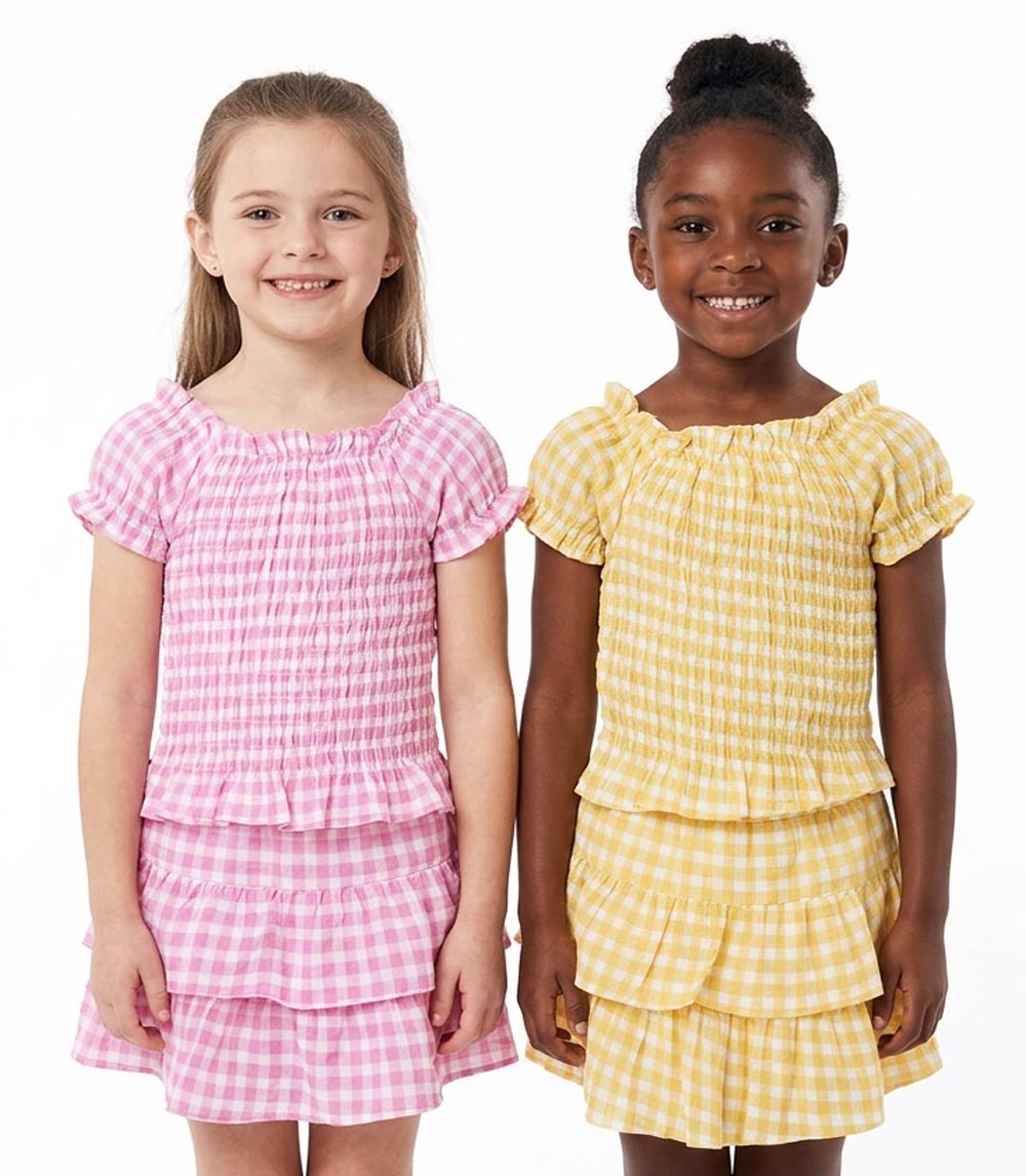 GIRLS PINK Textured Woven Smocked Top with Skirt Set - 2406867