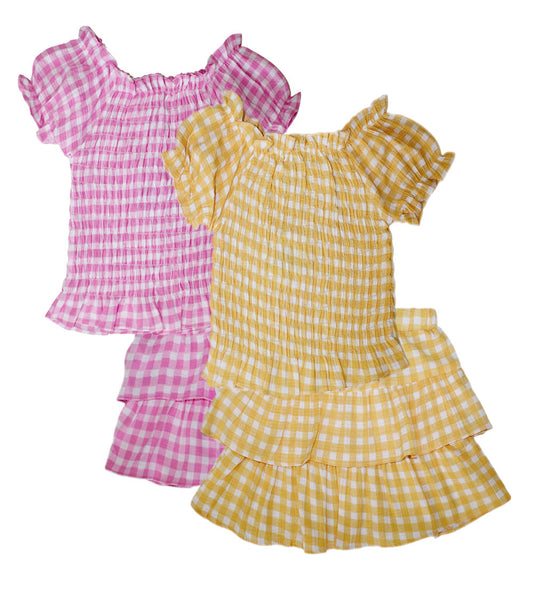 GIRLS PINK Textured Woven Smocked Top with Skirt Set - 2406867