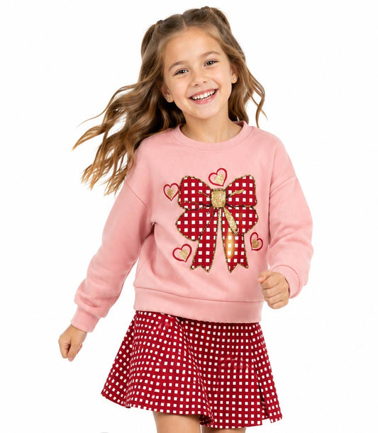 GIRLS PINK Bow w Hearts Applique Fleece Top and Double Knit Skirt - 2416404