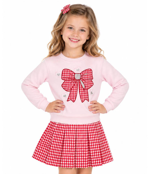 GIRLS PINK Bow w Hearts Applique Fleece Top and Double Knit Skirt - 2416404