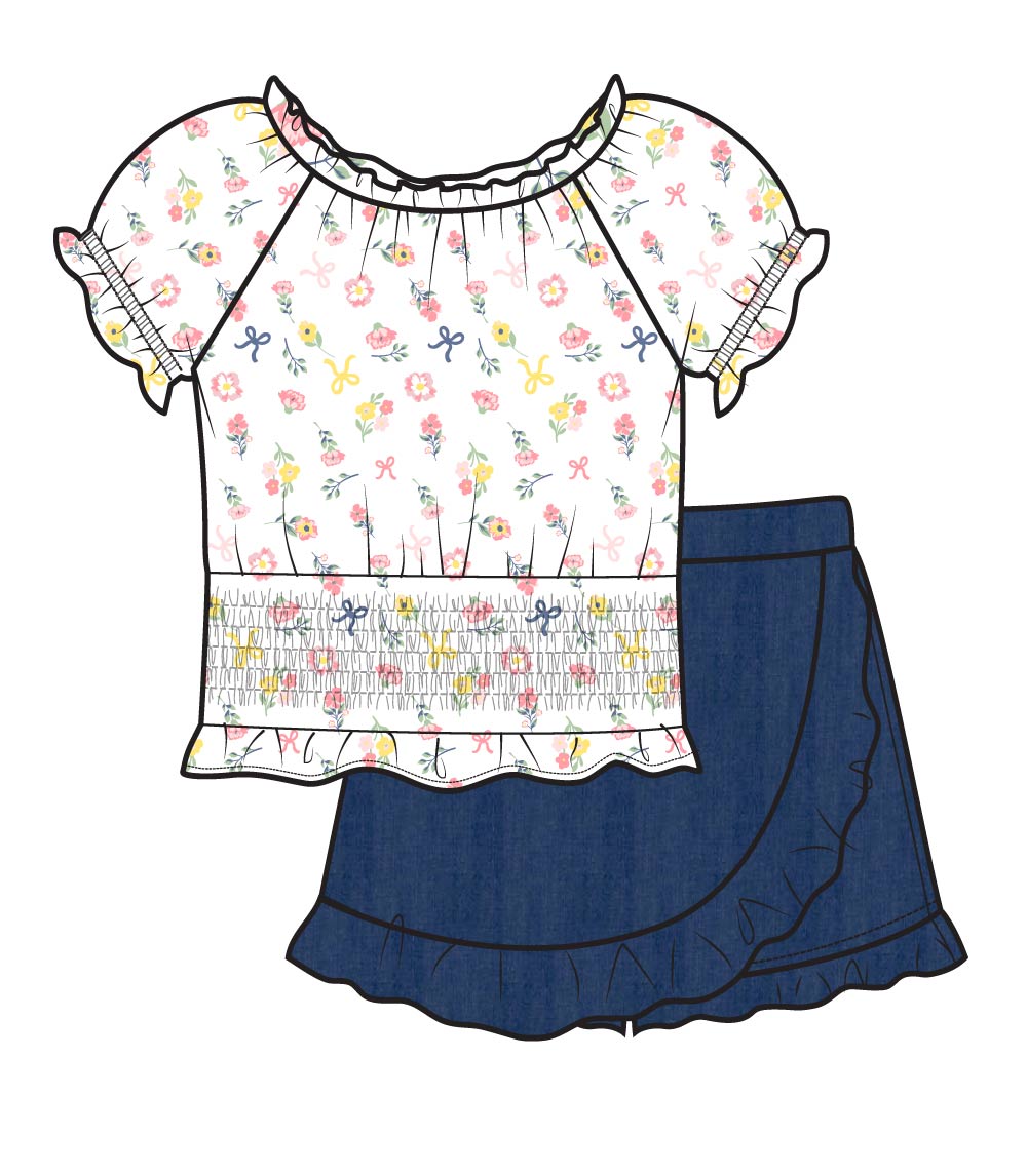 Top abullonado rosa aguamarina con lazo y falda pantalón vaquera para niña - 2466702