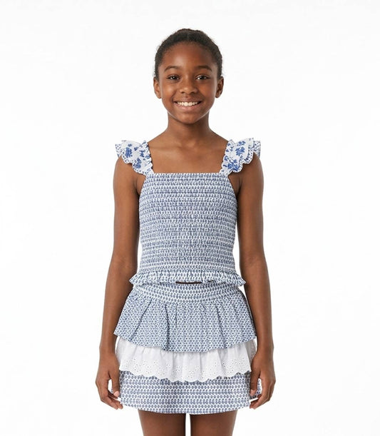 GIRLS PINK Woven Smocked Top W Flutter Sleeve W Ruffles and Skirt  - 2441567