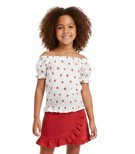 GIRLS PINK Woven Top w Smocking on Hem and Denim Skort - 2441804