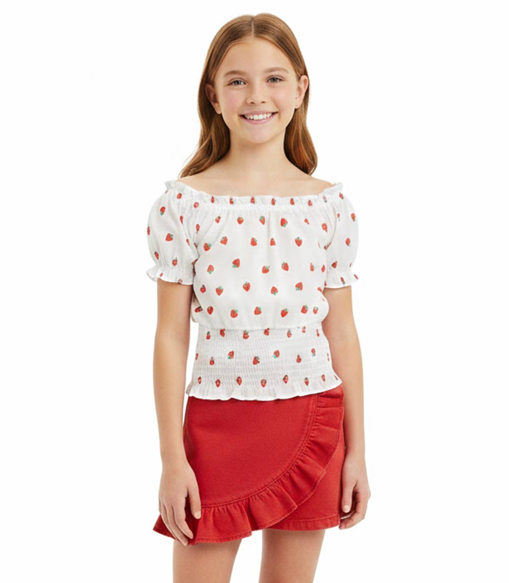 Top abullonado rosa aguamarina con lazo y falda pantalón vaquera para niña - 2466702