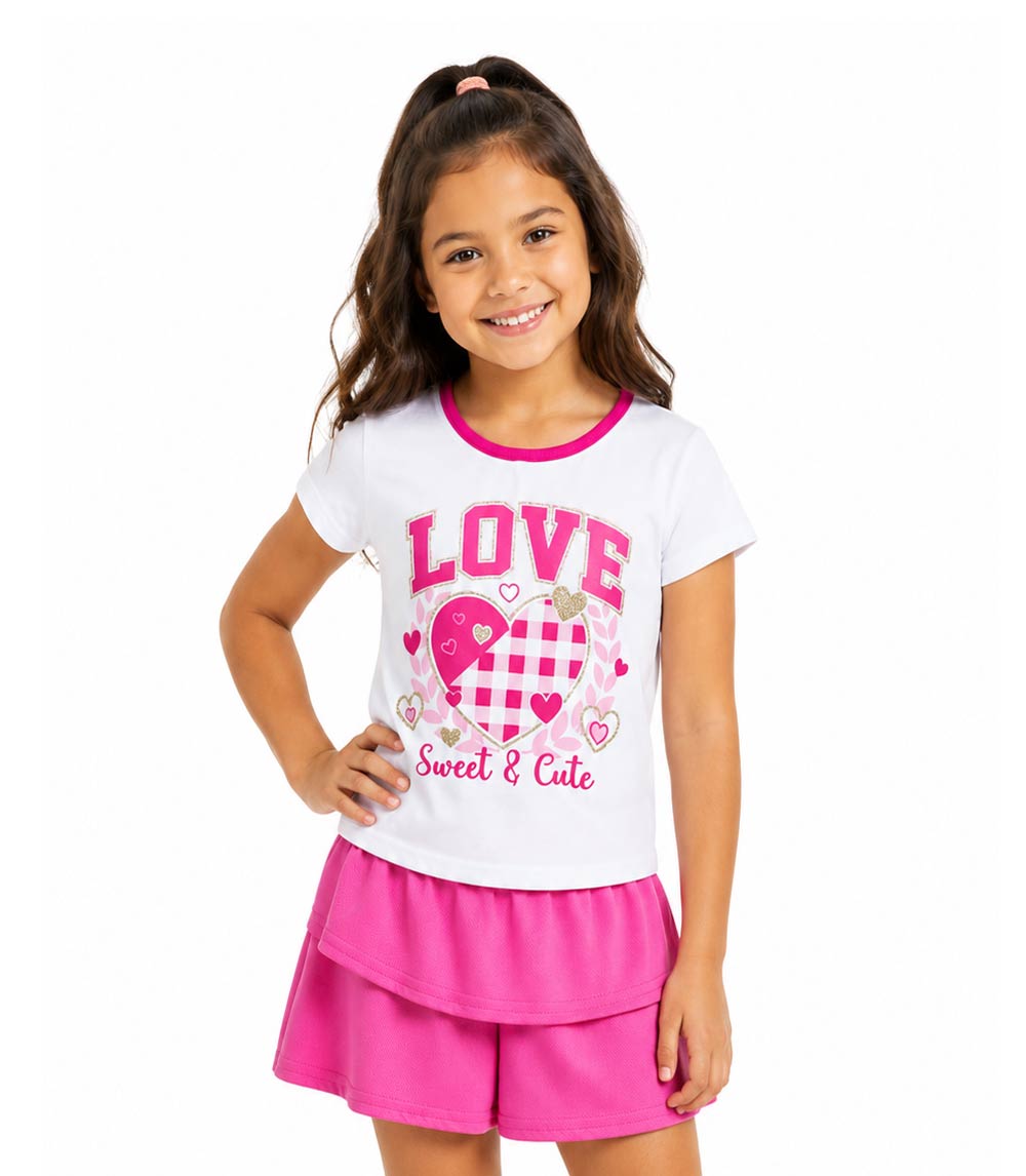 GIRLS PINK Closed Mesh Love Heart Screen Top And Ruffle Skirt W Short Inside - 2445702