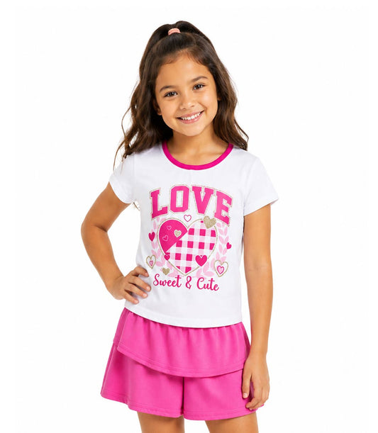 GIRLS PINK Closed Mesh Love Heart Screen Top And Ruffle Skirt W Short Inside - 2445702