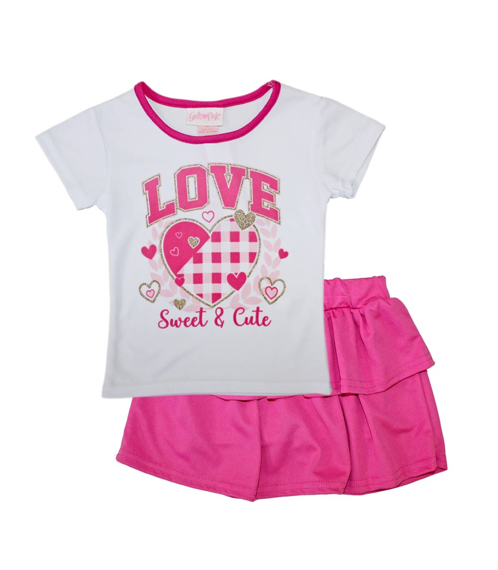 GIRLS PINK Closed Mesh Love Heart Screen Top And Ruffle Skirt W Short Inside - 2445702