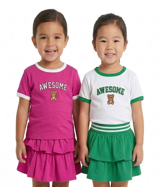 GIRLS PINK Rib on Neck and Sleeve Awesome Teddy Bear Embro on Top Ruffle Skirt W Short Inside - 2448704