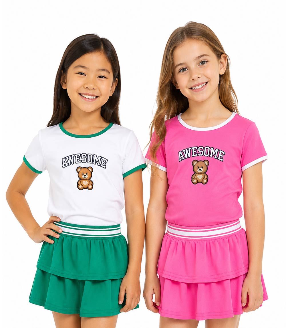 GIRLS PINK Rib on Neck and Sleeve Awesome Teddy Bear Embro on Top Ruffle Skirt W Short Inside - 2448704