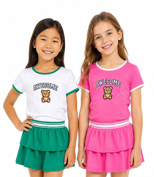 GIRLS PINK Rib on Neck and Sleeve Awesome Teddy Bear Embro on Top Ruffle Skirt W Short Inside - 2448704