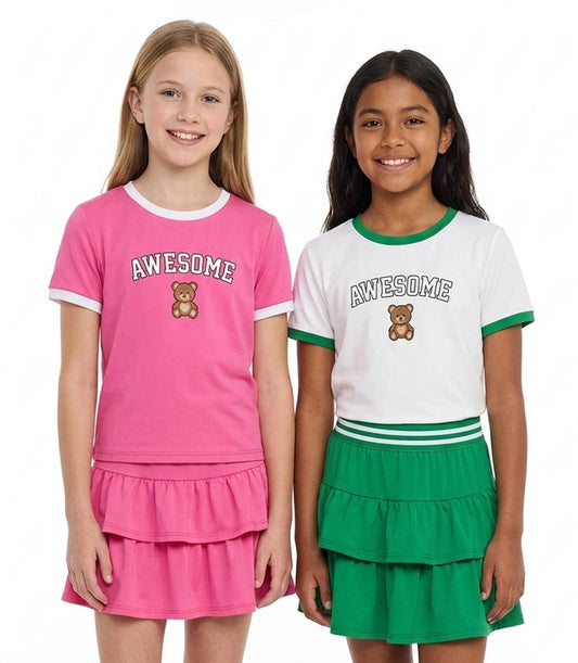 GIRLS PINK Rib on Neck and Sleeve Awesome Teddy Bear Embro on Top Ruffle Skirt W Short Inside - 2448727