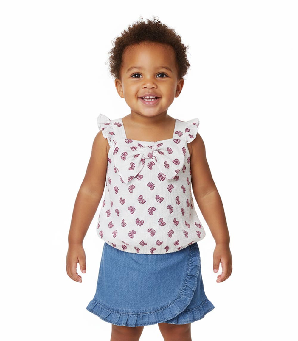 Top abullonado rosa aguamarina con lazo y falda pantalón vaquera para niña - 2466702