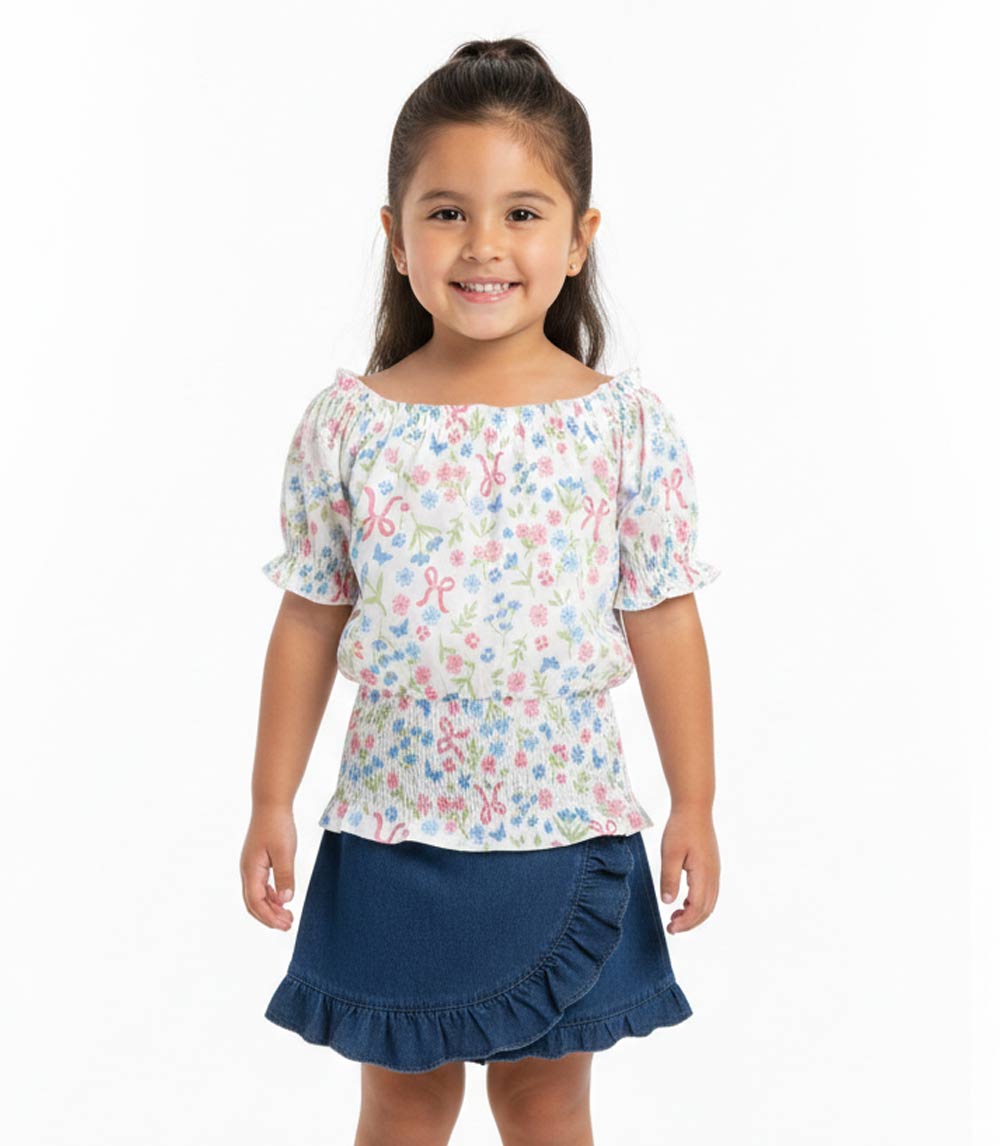 Top abullonado rosa aguamarina con lazo y falda pantalón vaquera para niña - 2466702