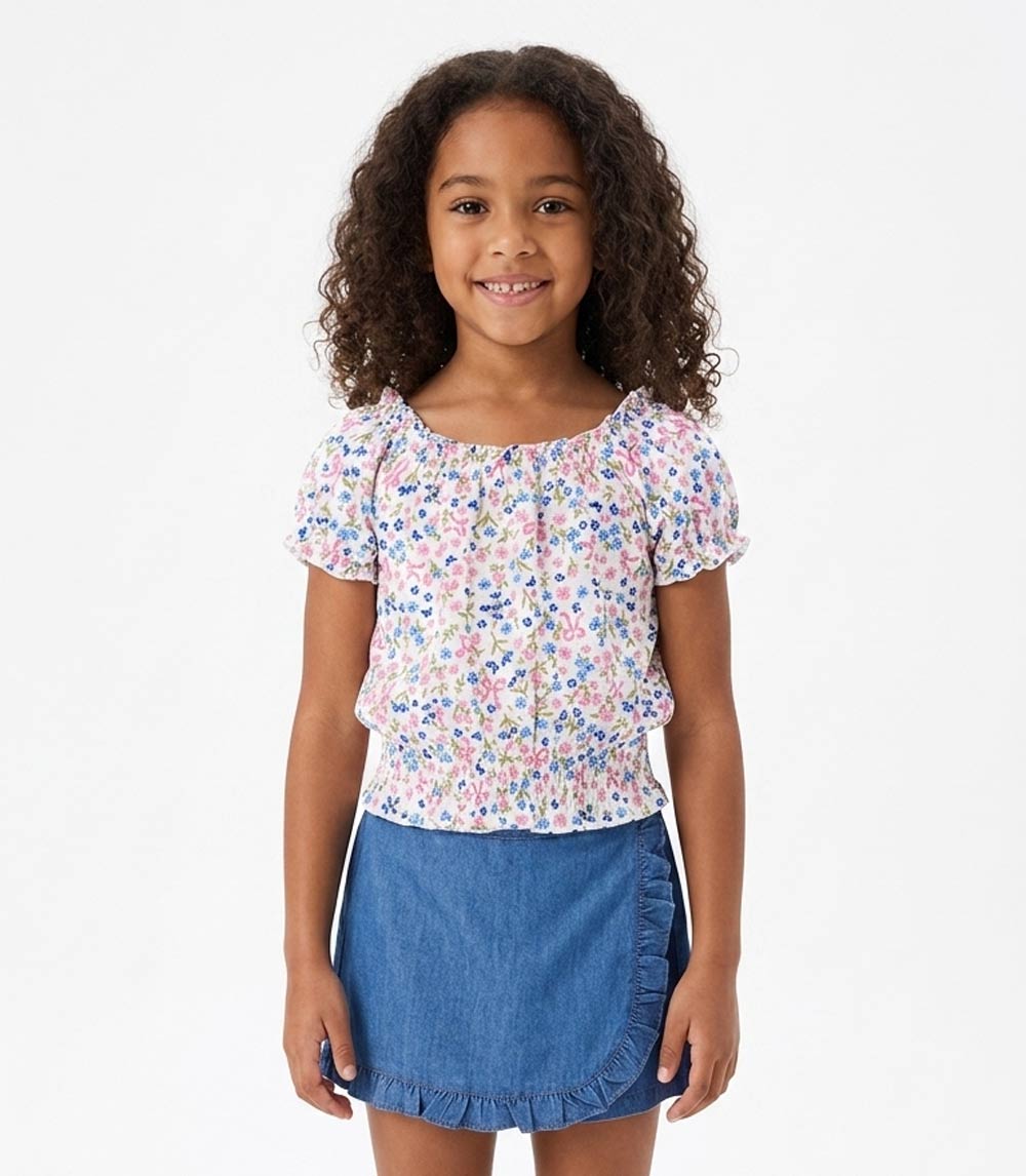 GIRLS PINK Woven Top w Smocked on Hem and Blue Denim Skort - 2468602