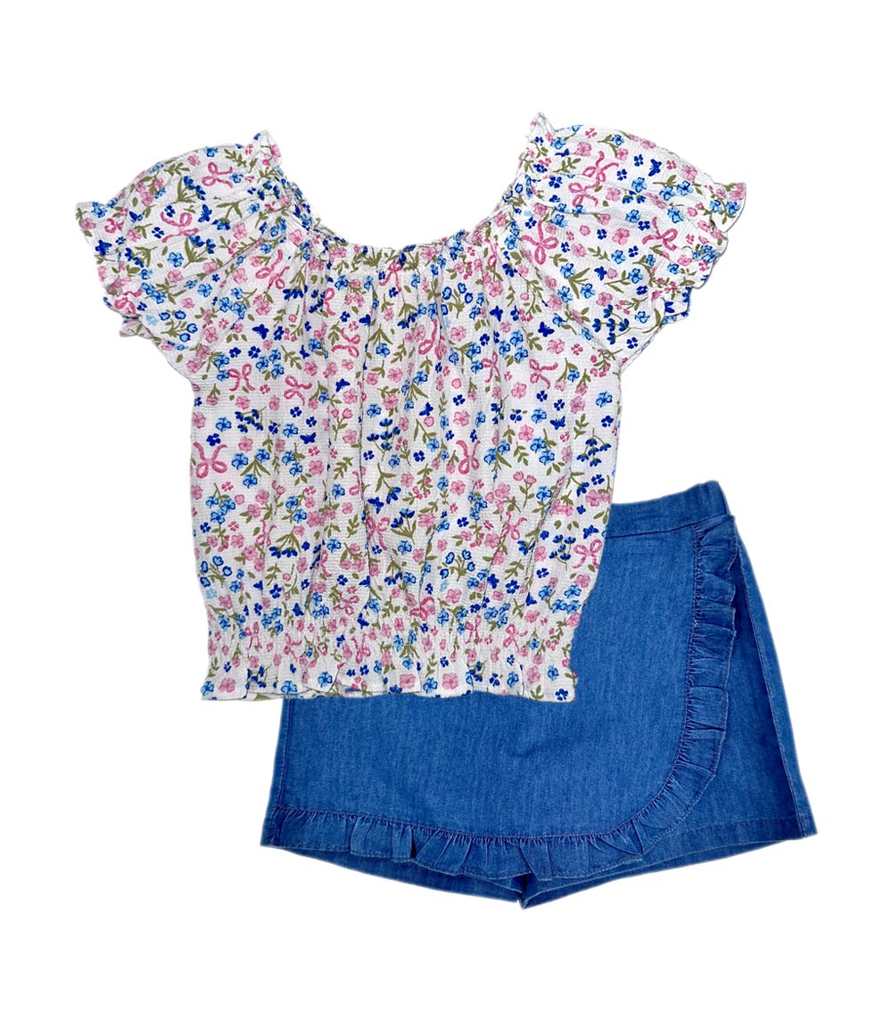 GIRLS PINK Woven Top w Smocked on Hem and Blue Denim Skort - 2468602