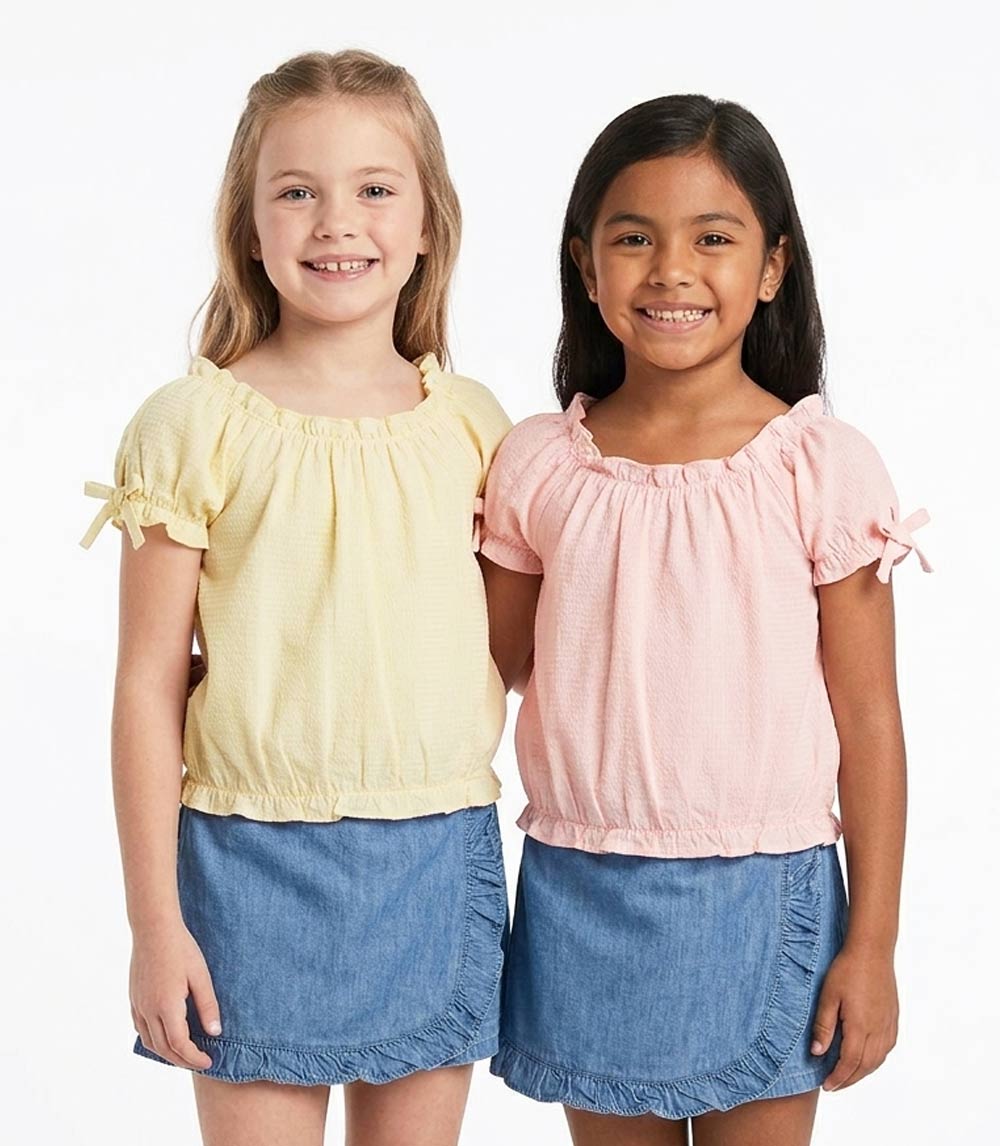 GIRLS PINK Woven Top with Bows on Sleeve and Denim Skort Set - 2470402