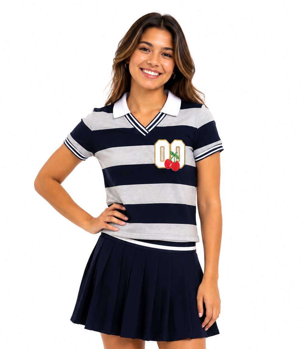GIRLS PINK Polo Collar W Embroidery Top and Waffle Pleated Skirt Set - 2472127