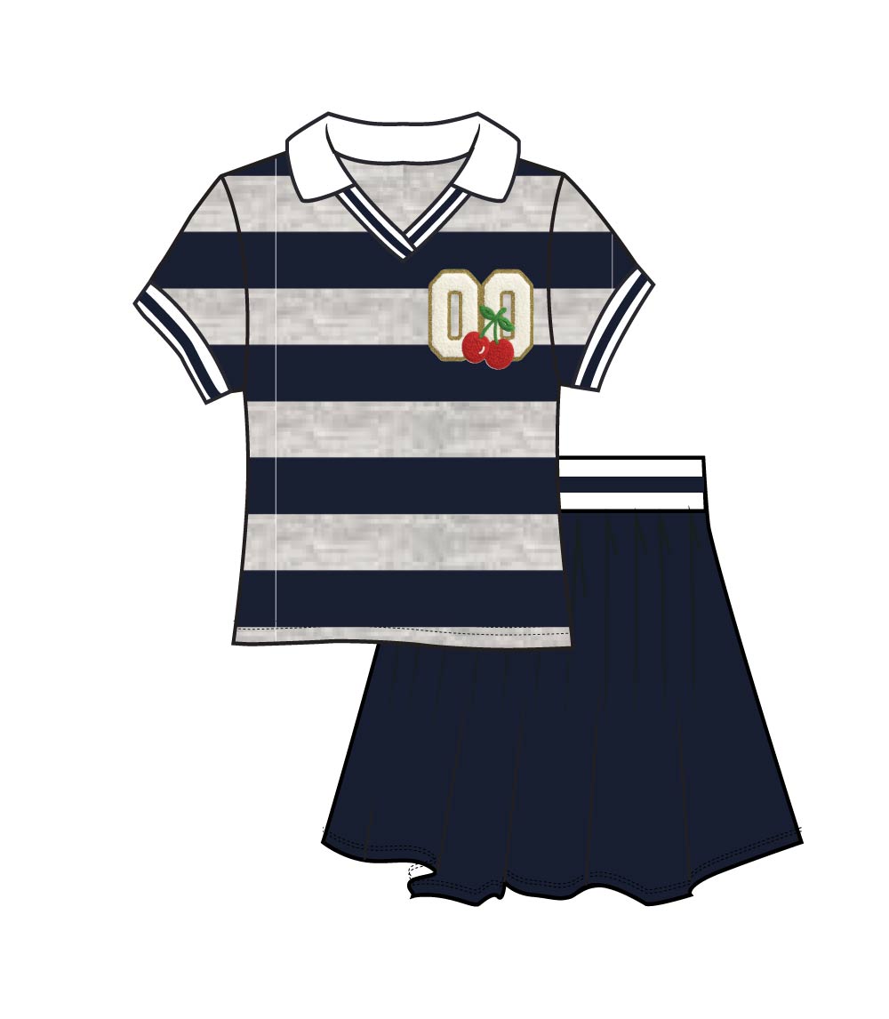 GIRLS PINK Polo Collar W Embroidery Top and Waffle Pleated Skirt Set - 2472127
