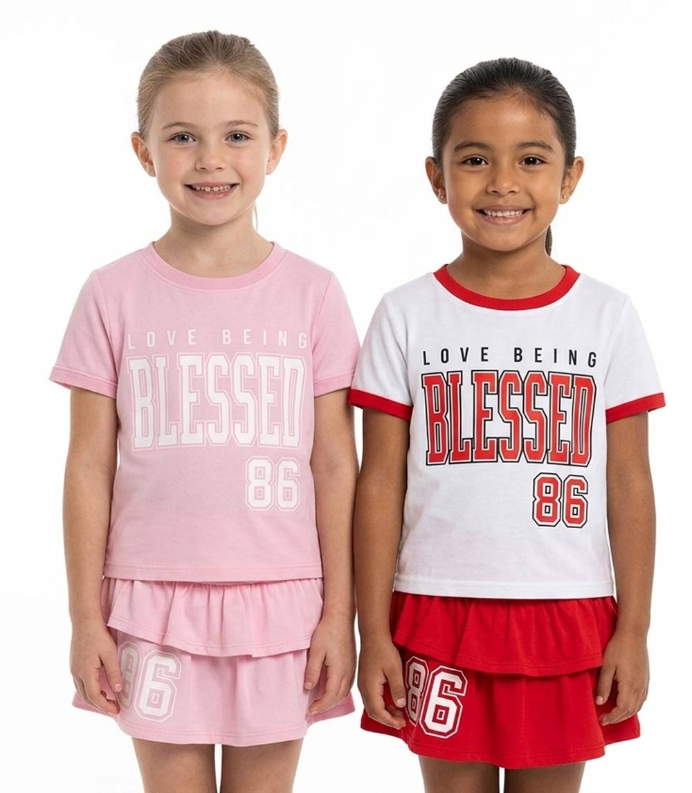 GIRLS PINK Rib on Neck and Sleeve Blessed Screen on Top Ruffle Skirt W Short Inside - 2475504