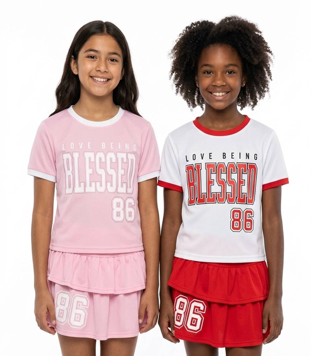 GIRLS PINK Rib on Neck and Sleeve Blessed Screen on Top Ruffle Skirt W Short Inside - 2475527