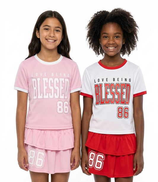 GIRLS PINK Rib on Neck and Sleeve Blessed Screen on Top Ruffle Skirt W Short Inside - 2475527