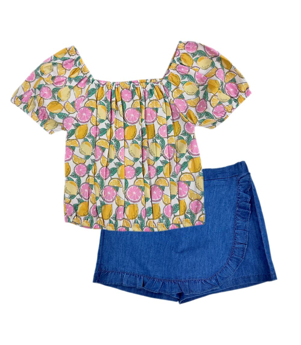 Top abullonado rosa aguamarina con lazo y falda pantalón vaquera para niña - 2466702